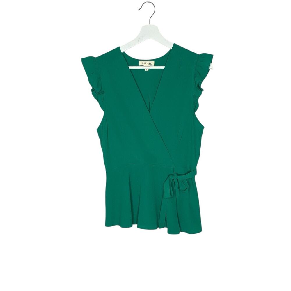 Monteau Top Womens Extra Large Green V-Neck Faux Wrap Tie Short Flutter Sleeves